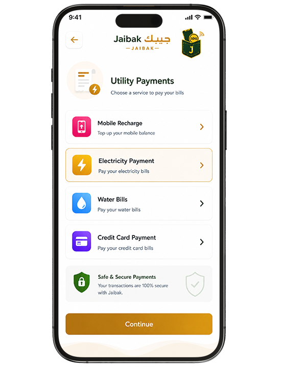 Select the Utility payment method (electricity, water, credit card)